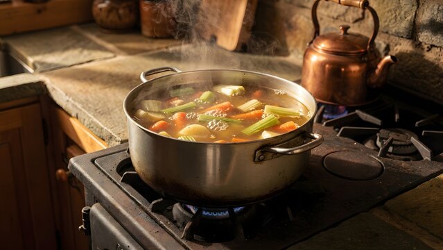 Steaming Vegetable Soup Simmering in a Stainless Steel Pot on a Vintage Rustic Kitchen Stove