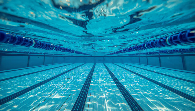 競泳プールの水中に広がる青いレーンと光