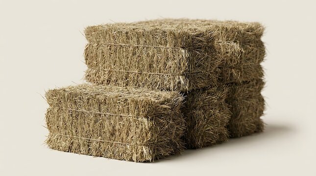 A neat stack of dry bermuda hay bales isolated against a neutral background used for livestock feed and agricultural farming supplies for small farms