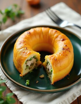 Ring shaped cuscuz paulista dish. Corn flour cake filled with chicken and peas. Delicious brazilian food served on dark green plate with fork. Tasty meal ready to eat.
