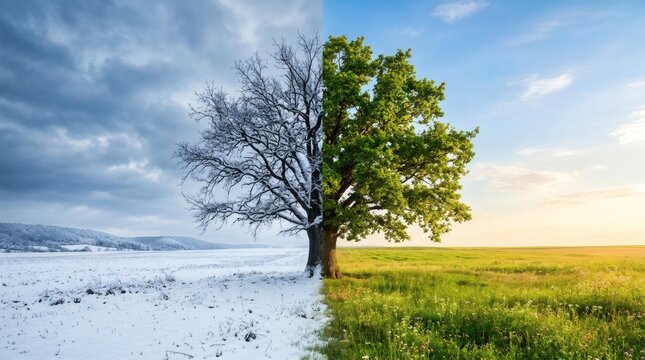 Split landscape with tree in snow and green grass, contrasting winter and spring seasons.