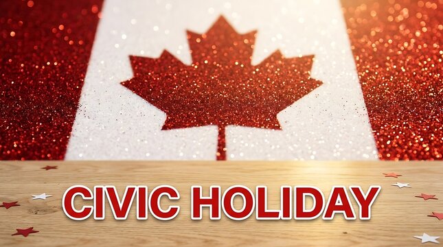 Civic holiday text on wooden table with sparkling red and white Canadian maple leaf background
