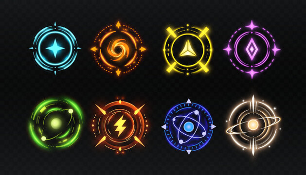 Colorful glowing fantasy game icons with elemental symbols, energy circles and magical emblems on a dark background. Vector interface elements for RPG, mobile game and HUD design.