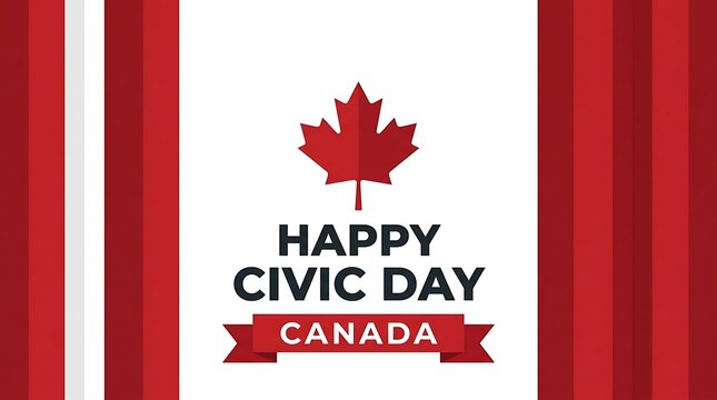 Happy Civic Day Canada greeting card design with red maple leaf and vertical striped background