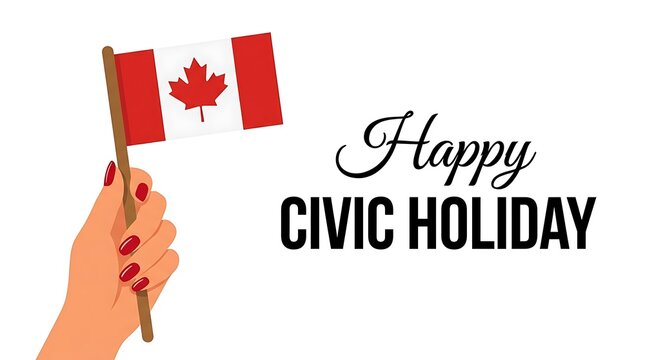 Hand holding a small Canadian flag for Happy Civic Holiday greeting card on white background