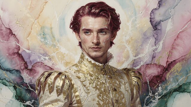 Elegant Portrait of a Young Nobleman in Ornate Golden Renaissance Attire with Abstract Watercolor Background
