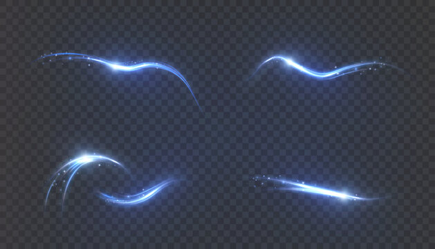 Blue glowing light streaks with smooth curved and wavy shapes on a dark background. Abstract vector motion effects for game interfaces, digital overlays and dynamic design.