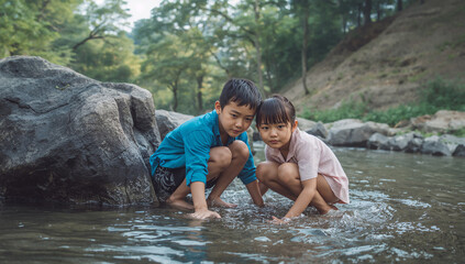 Fototapeta premium 夏休みに浅い川で水遊びをする日本人兄弟