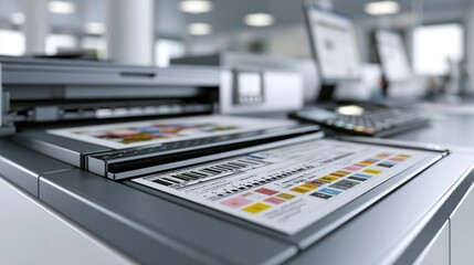 Fototapeta premium Photo Lab Printing Machine with Color Test Sheet on Counter