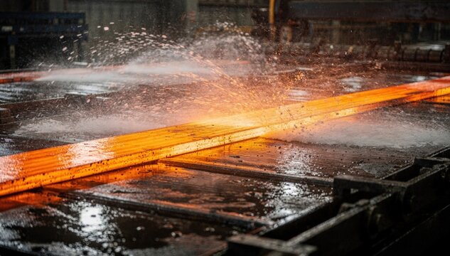 Hot strip of steel glowing intensely on the runout table as heavy cooling sprays envelop the area the medium shot blurs background details for dramatic focus.