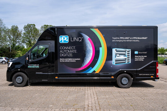 Alkmaar, Netherlands - May 30, 2026: InfoWheels Promoter vehicle, showcasing PPG's digital and automated solutions for the automotive refinish industry