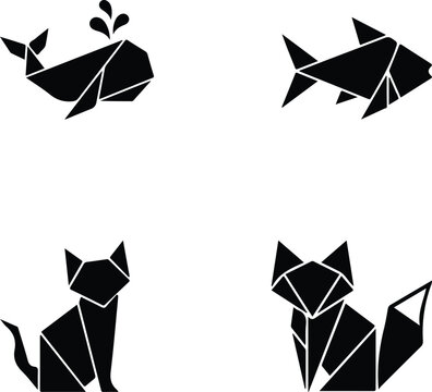 Geometric origami animals silhouette set, paper craft style icons with whale, fish, cat, and fox vector illustrations.
