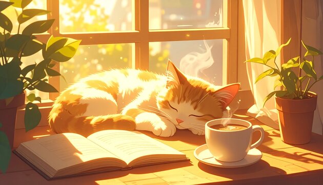 Cute Ginger Cat Napping by a Window with Coffee and Plants in Golden Light