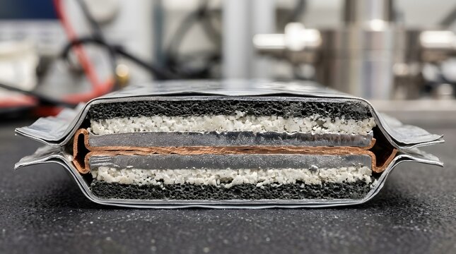 A detailed cross section view of a lithium ion battery cell showing internal layers of anode cathode and separator materials