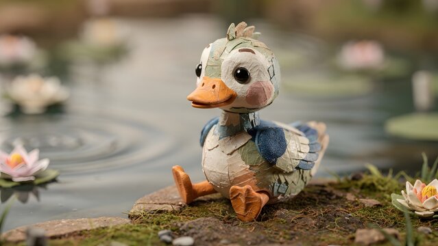Adorable Handcrafted Miniature Duckling Figurine Sitting by a Serene Pond with Blooming Water Lilies in a Whimsical Nature Setting