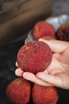 Fresh Hainan Guangxi Lychee Fruit in Hand - Sweet Tropical Asian Delicacy with Textured Red Skin