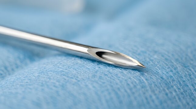 Sharp steel hypodermic medical needle featuring a beveled tip and polished metallic finish captured in a detailed macro photography shot