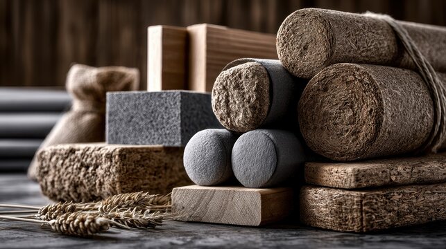 Biofuel biomass pellets and briquettes on a dark rustic background