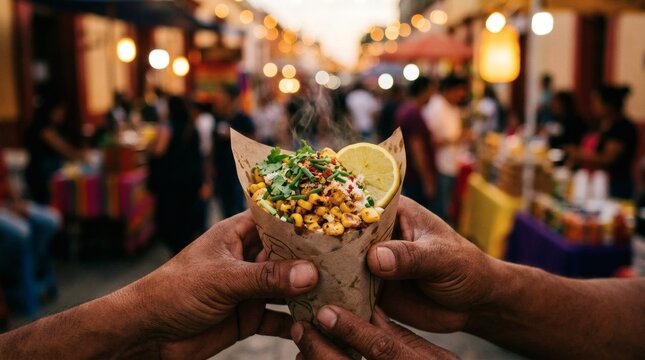 Vibrant street food scene with hands holding a large burrito wrapped in brown paper