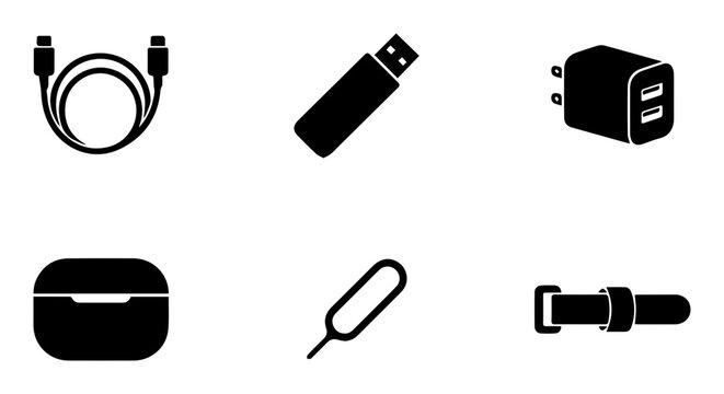Digital Gadget Icons: USB Drive, Charger, Earbuds Case, SIM Ejector, Cable, Adapter Set
