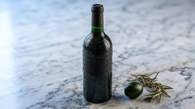 A cold dark wine bottle with rosemary and olive on marble surface
