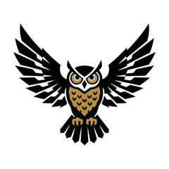 Obraz premium Great horned owl emblem with symmetrical wings spread wide in a bold minimalist graphic style on a plain white background, wildlife and nature design concept