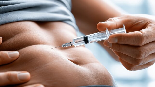Close-up of subcutaneous injection in the abdomen for medical care.