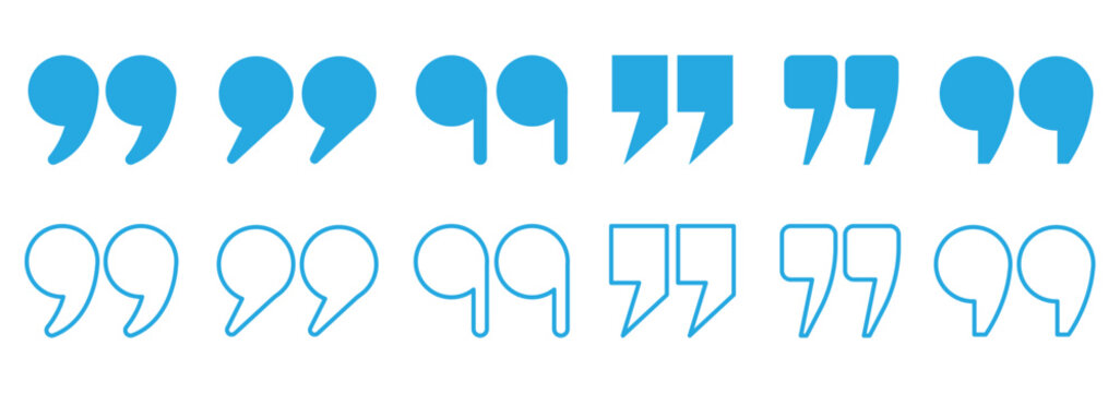 Set of quote mark icons isolated on white background. Quotation marks . Set of blue quote mark, quotes icon, sign, symbol, emblem. Ditto marks icon set. Quotation marks. Dialogue discussion symbol.