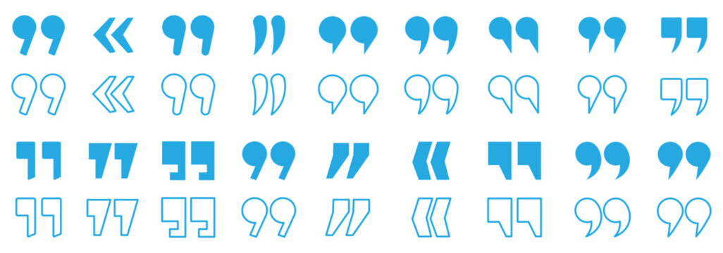 Set of quote mark icons isolated on white background. Quotation marks . Set of blue quote mark, quotes icon, sign, symbol, emblem. Ditto marks icon set. Quotation marks. Dialogue discussion symbol.