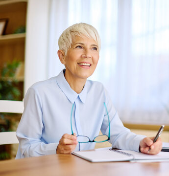 Portratit of a senior mature businesswoman writing during meeting in office