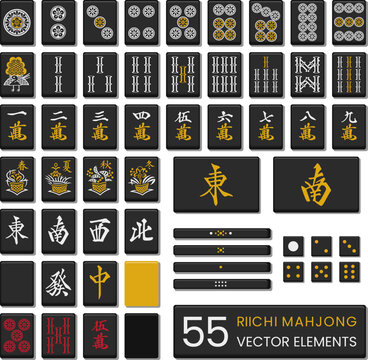 Premium Japanese Riichi Mahjong vector set of authentic tiles, bamboo, winds, dragons, seasons, dice, and score sticks. Black and gold design board game graphics, mobile games, SVG, print and sticker.
