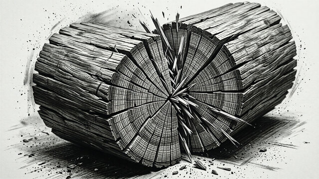 karate knock wood log split in half black white drawing