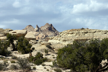 Fototapeta premium Intriguing landscape and dramatic sky along Temple Mountain Road, near Goblin Valley State Park in Utah