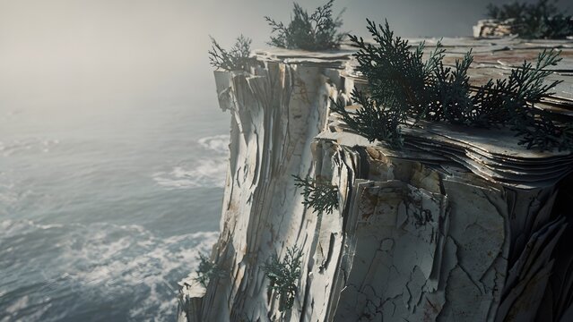Dramatic Rocky Coastal Cliff Overlooking a Turbulent Ocean Under a Foggy Sky