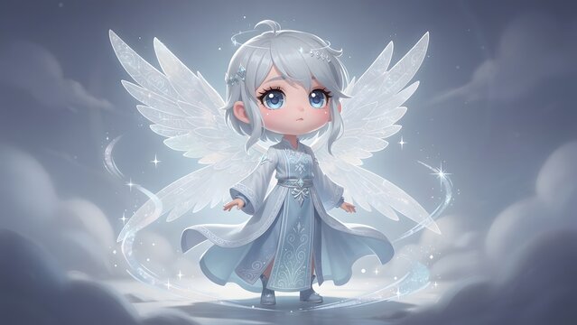Cute Chibi Angel with White Wings and Ethereal Gown Standing in Heavenly Clouds Fantasy Illustration
