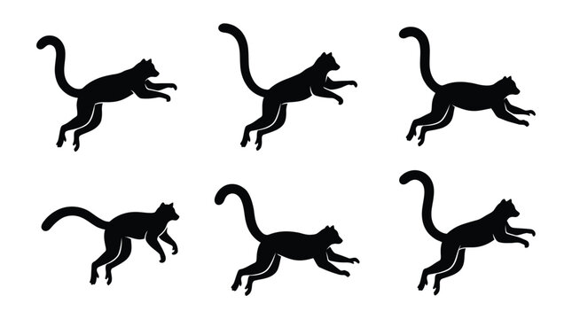 Black silhouettes of a jumping lemur monkey in different poses for animation sequence