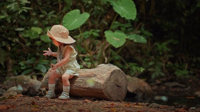 Curious Asian toddler girl in bucket hat sitting on log, watching flying butterflies and rubbing her dirty hands during outdoor forest eco adventure exploration on a sunny summer day