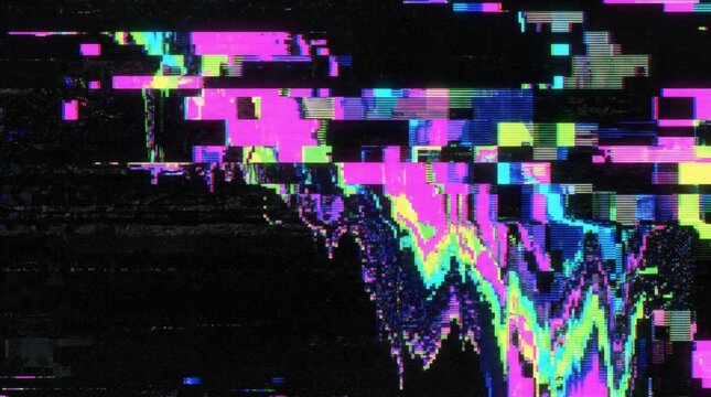 Abstract digital glitch art with pixel sorting and melting neon data blocks on a black background