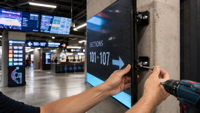 AV technician installing digital LED display panel in stadium concourse