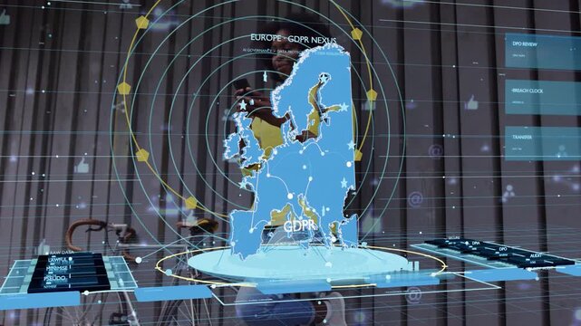 Woman operator holding device behind AR Europe map, activating GDPR nodes for compliance monitoring