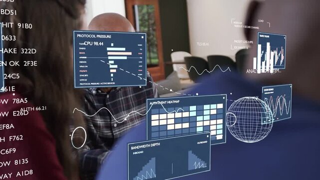 Senior man studying net panels appearing leaning in and speaking while team analyzing heatmap globe