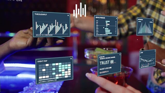 Left hand tapping phone right hand holding red cocktail HUD updating network metrics TRUST 88