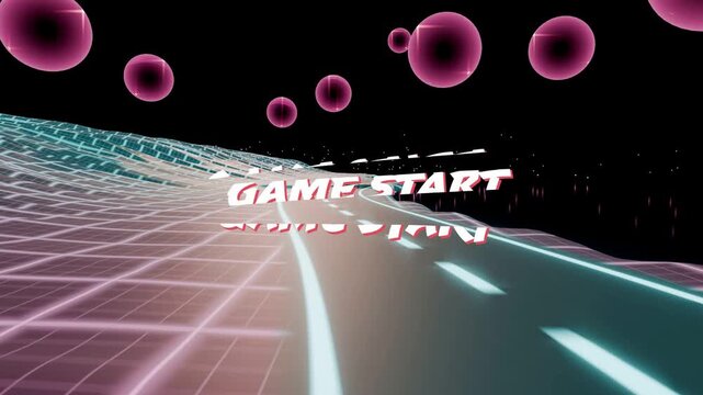 GAME START title and neon road pulling back after red brush swipe, duplicating to signal start