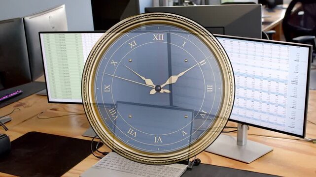 Gold rim clock overlay appearing over laptop, scaling and fading while hands rotating to show time