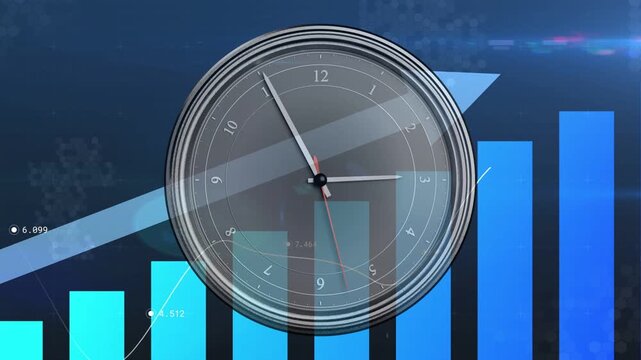 Translucent analog clock appearing on chart, rotating hands while markers moving to show uptrend