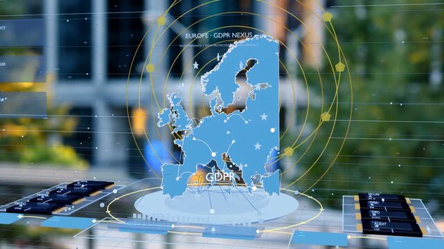 On controls activation holographic 3D map Europe rising, rings expanding, lines showing GDPR nexus
