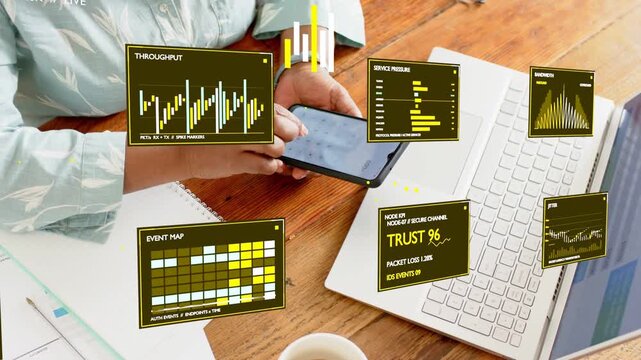 Mature woman moving phone closer, tapping while monitoring network, HUD showing throughput, TRUST96