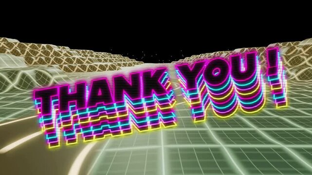 Camera dolly zooming neon THANK YOU! stacks appearing, pulsing tilting receding revealing lit road