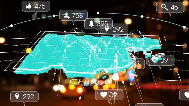 Network spikes driving turquoise 3D map labeled CHINA floating, arcs pulsing, metrics updating live