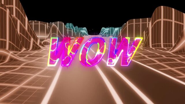 Neon-green fragment appearing, 3D WOW bursting, cycling hues and scaling on road, promoting brand